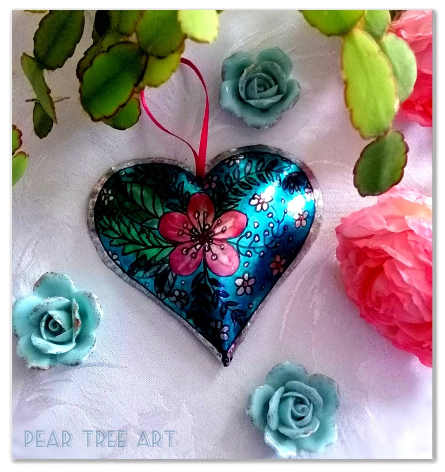 Tin Heart hanging decoration. Turquoise with pink flower pattern. 