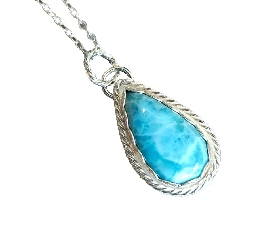 Larimar Necklace Sterling Silver Jewellery Gift Teardrop Rare Blue Gemstone