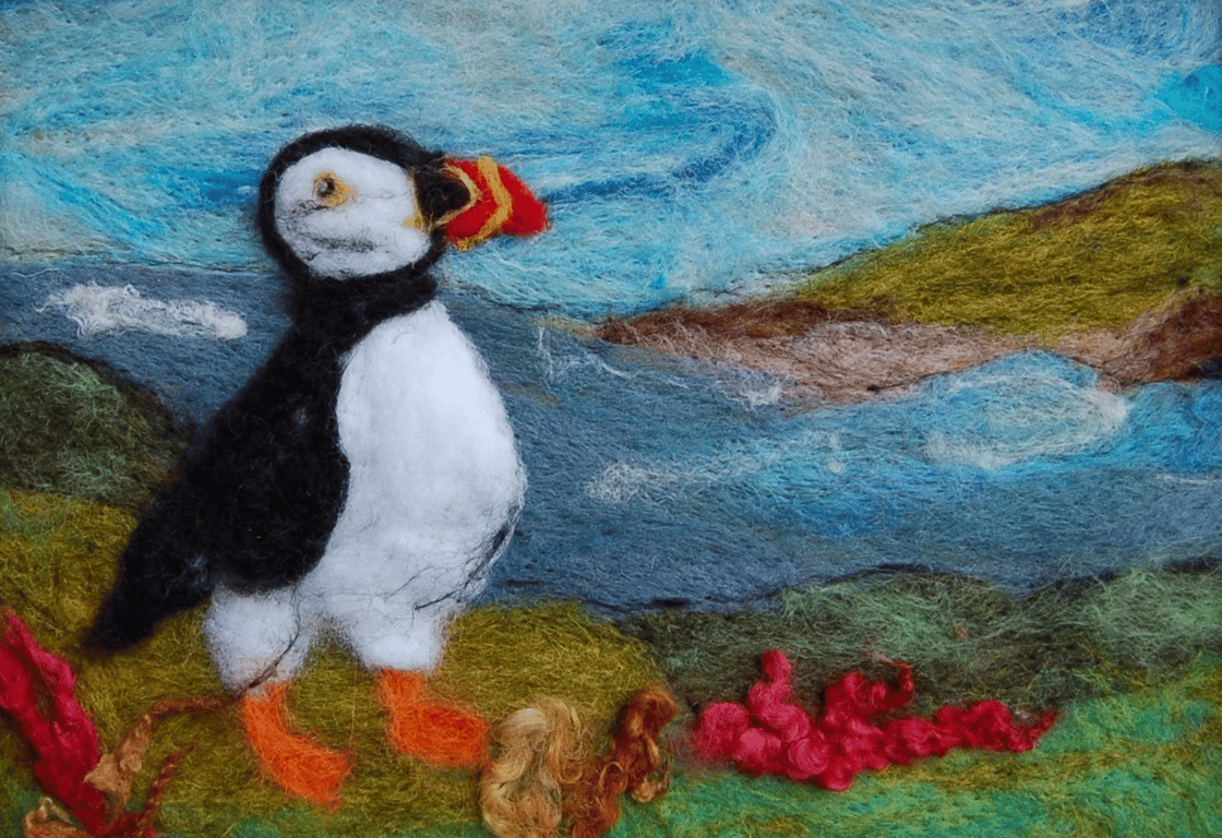 Puffin on the cliffs - Needle felt picture, textile art