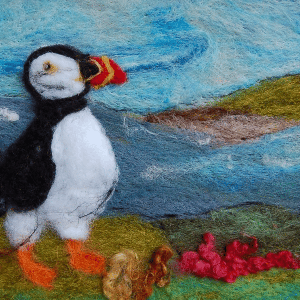  Puffin on the cliffs - Needle felt picture, textile art