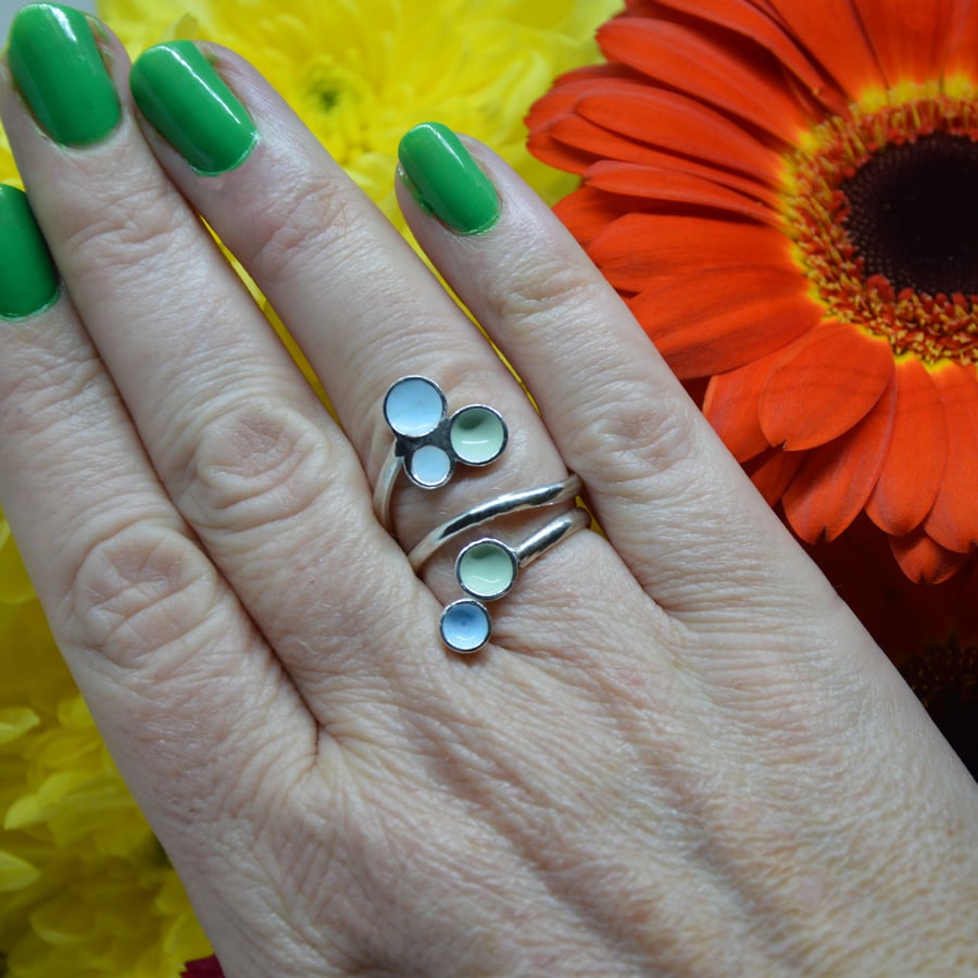 Sterling silver pastel blue and green enamel wrap ring 