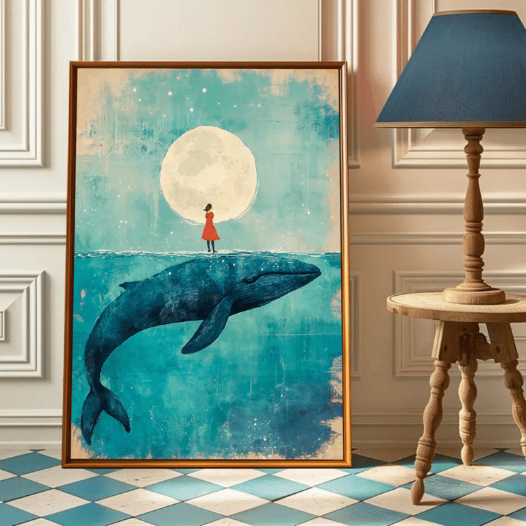 Girl Riding Blue Whale Wall Art, Moonlit Ocean Fantasy Poster (Digital Download)