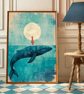 Girl Riding Blue Whale Wall Art, Moonlit Ocean Fantasy Poster (Digital Download)