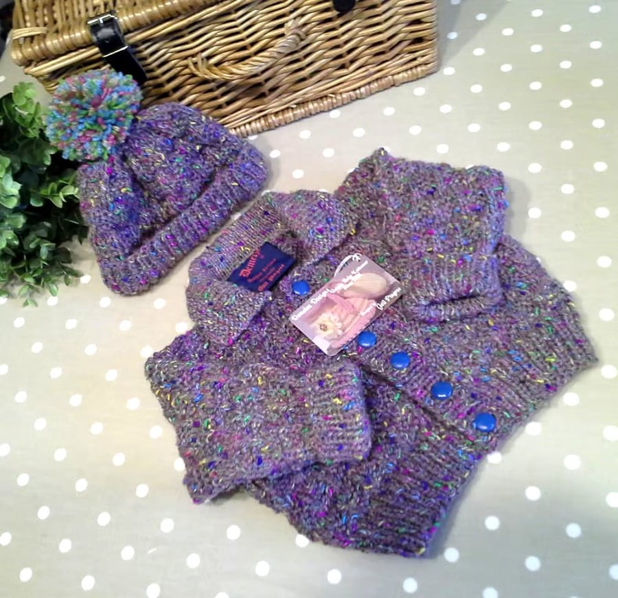 Hand Knitted Aran Jacket & Bobble Hat with 30% Merino Wool  9-18 months
