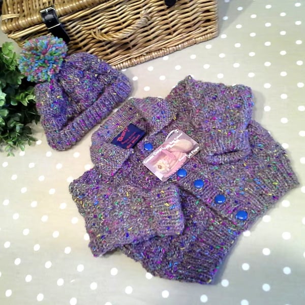 Hand Knitted Aran Jacket & Bobble Hat with 30% Merino Wool  9-18 months