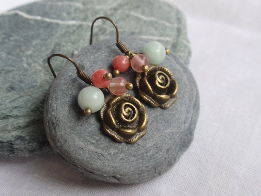 Rose flower  earrings with gemstones in coral orange, mint green and cherry