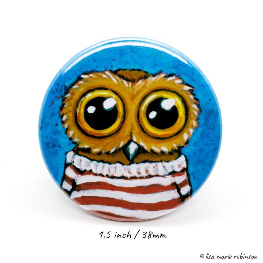 38mm Button Badge - Owl in Striped Shirt (1.5 inch)