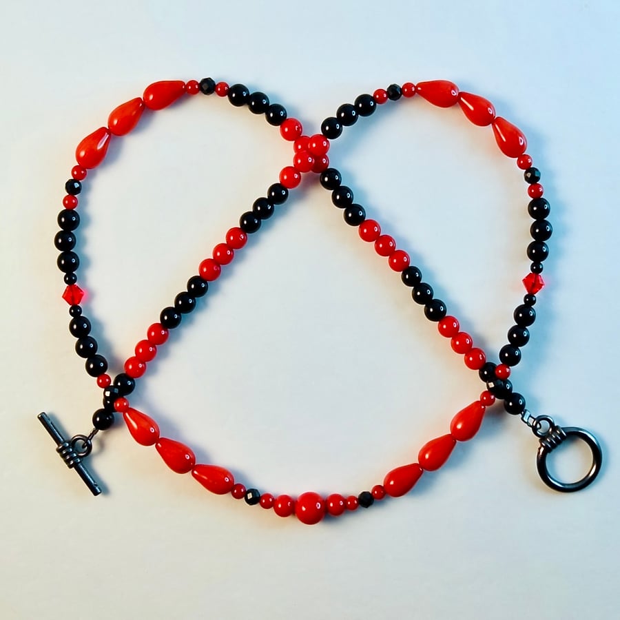 Red Bamboo Coral Necklace With Black Spinel And  Black Onyx - Handmade In Devon