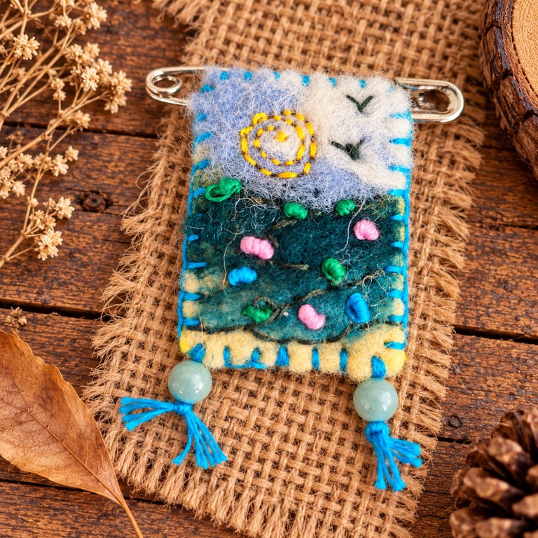 Needle felted and hand embroidered safety pin brooch. (No.2)
