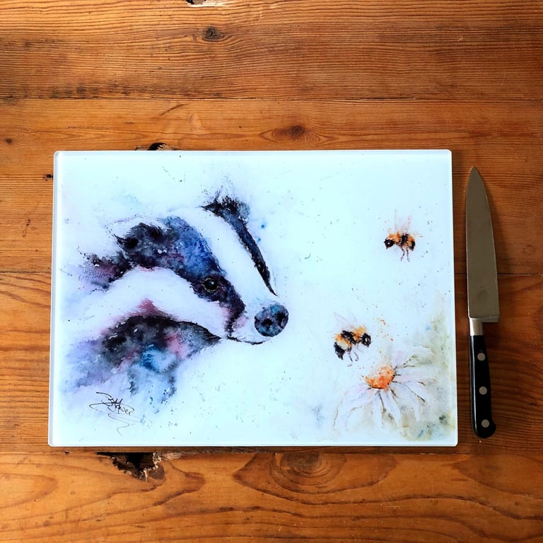 Badger & Bees Glass Chopping Board, Kitchen Worktop Saver, Table Mat, Cutting Ma