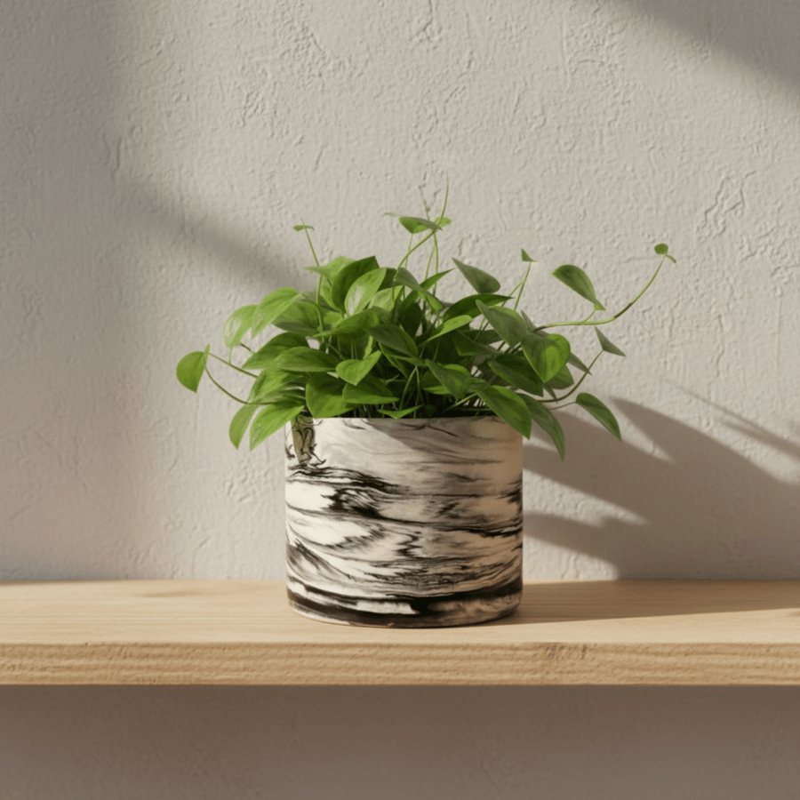 Black Marbled Plant Pot Handmade Round Planter for Houseplants