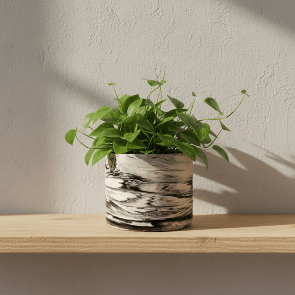 Black Marbled Plant Pot Handmade Round Planter for Houseplants