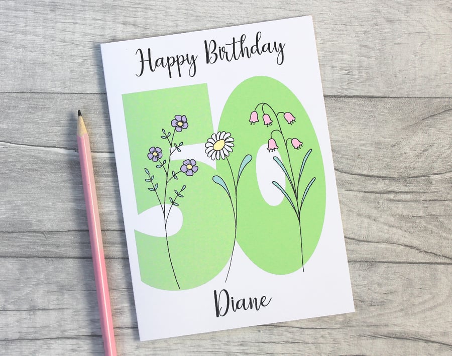 Personalised 40th, 50th, 60th, 70th, 80th, 90th Floral Birthday Card