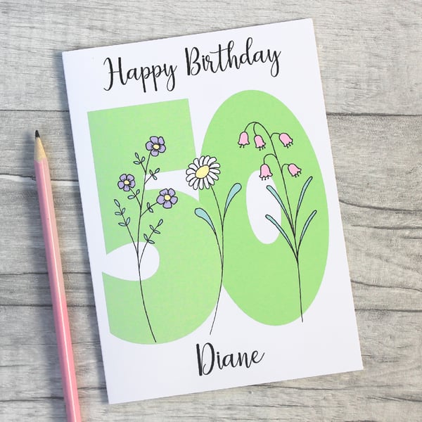Personalised 40th, 50th, 60th, 70th, 80th, 90th Floral Birthday Card