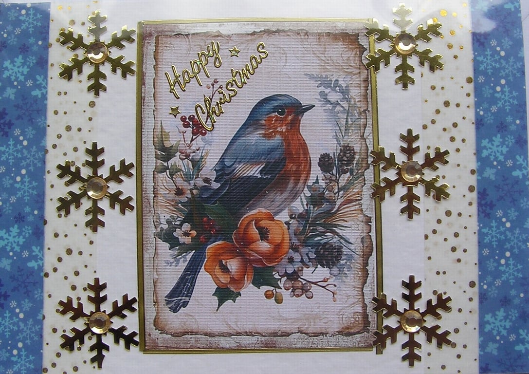 Hand Crafted Decoupage Chistmas Card - Happy Christmas (2969) Bluebird Bird