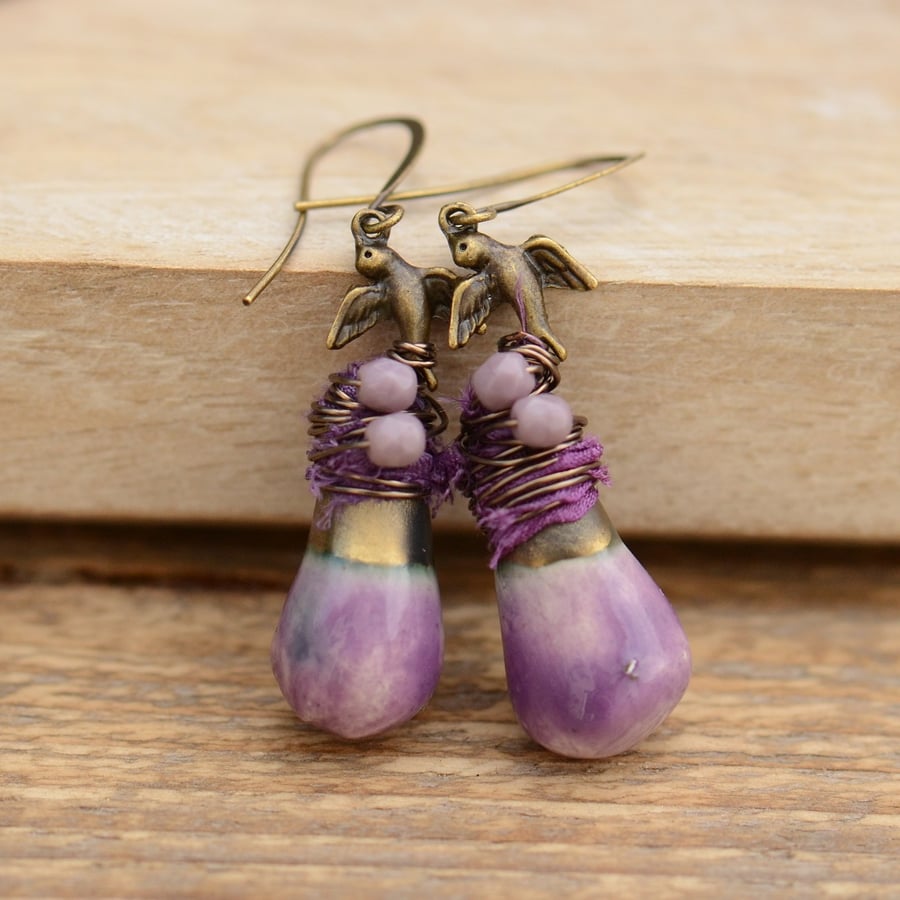 Purple Ceramic Drop Earrings with Wire Wrapped Birds, Sari Ribbon & Czech Beads