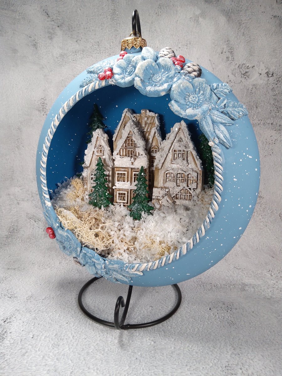 Handmade Christmas Bauble - Winter Village Scene with LED Lights.(B)