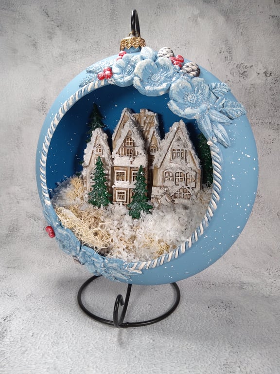 Handmade Christmas Bauble - Winter Village Scene with LED Lights.(B)