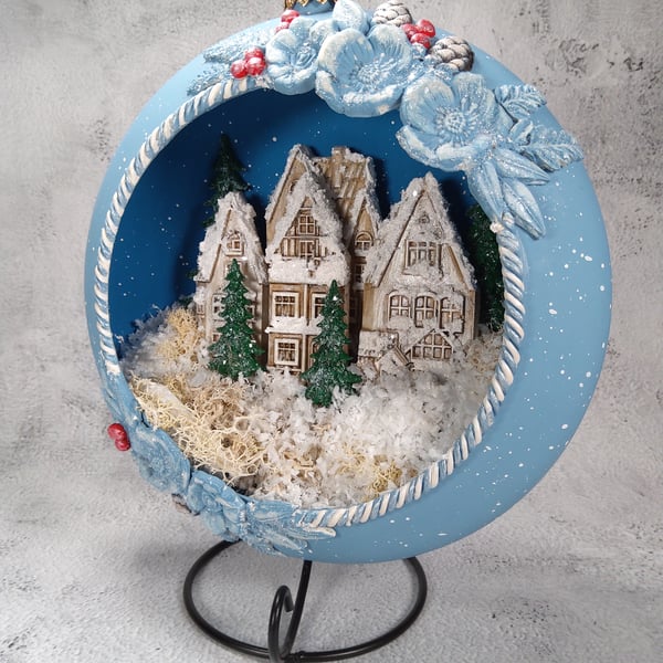 Handmade Christmas Bauble - Winter Village Scene with LED Lights.(B)