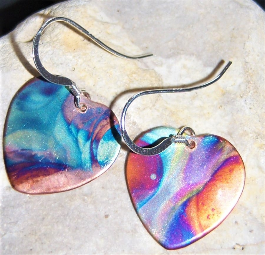 Flame painted copper heart earrings