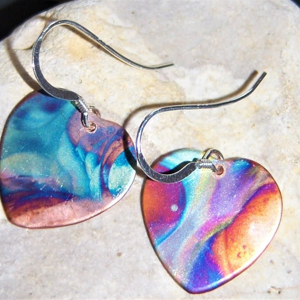 Flame painted copper heart earrings