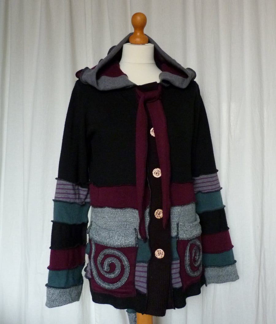  Upcycled Sweater Jacket with Buttons Hood Patch Pockets and Neck Ties. Burgundy