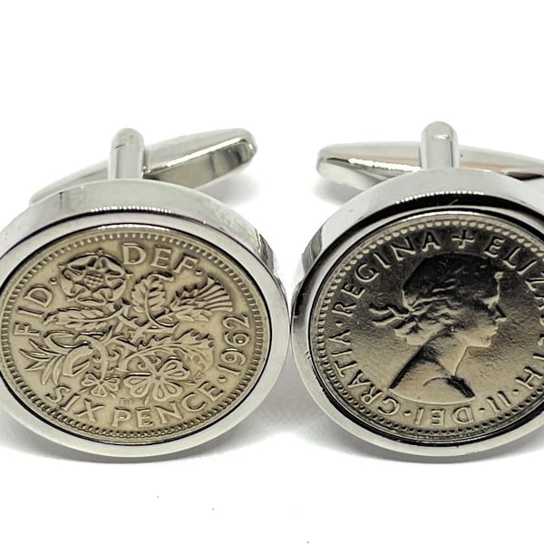 Luxury 1962 Sixpence Cufflinks for a 62nd birthday. Original english sixpences 