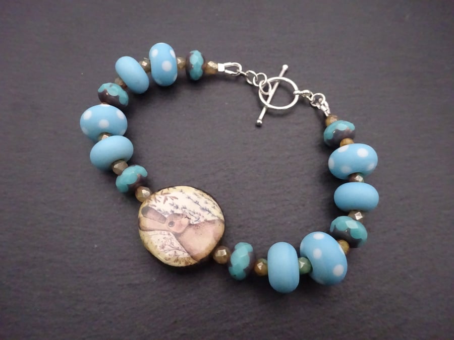 lampwork glass blue bunny bracelet