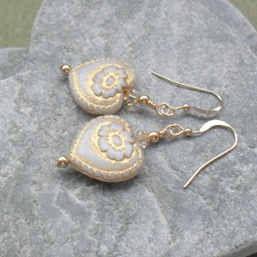 Czech Glass Heart Earrings Gold Filled With Swarovski Elements