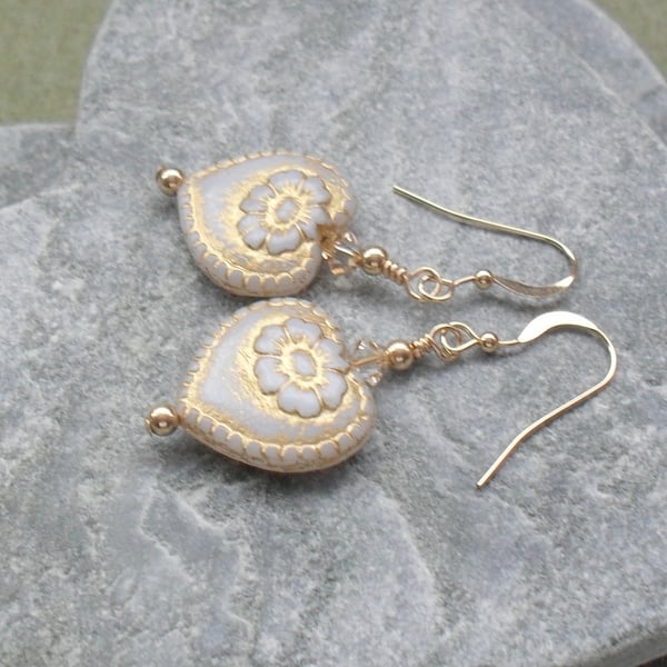 Czech Glass Heart Earrings Gold Filled With Swarovski Elements