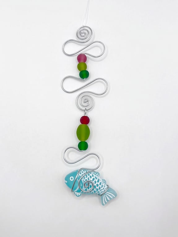 Fish and Wire Mobile with Pink and Green Glass Beads