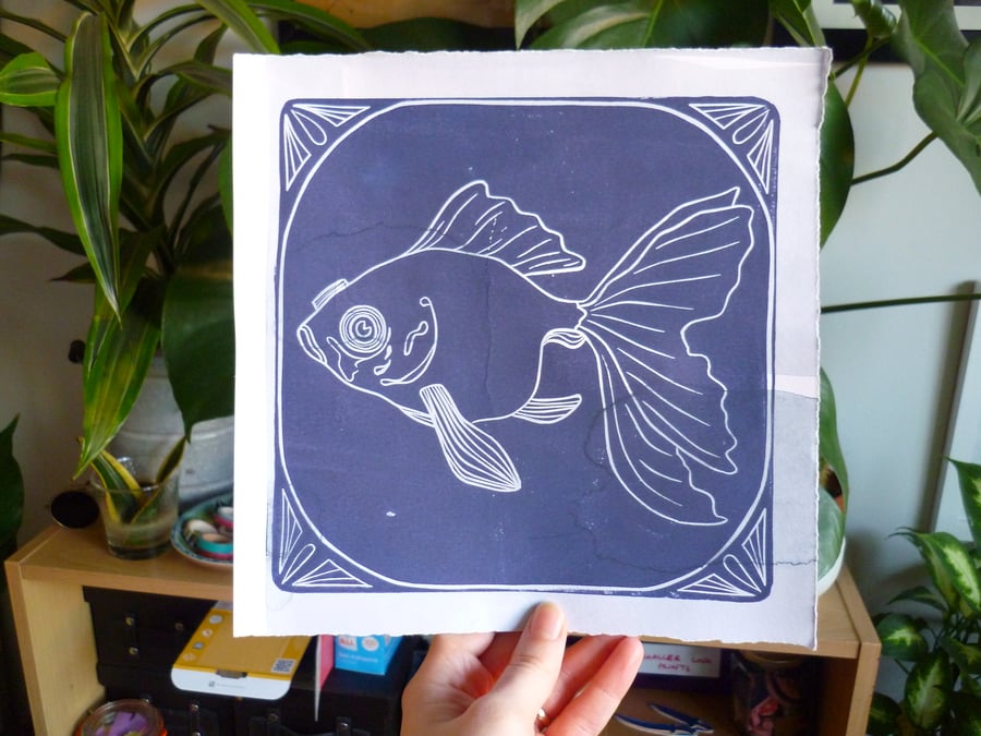 Purple Goldfish Lino Print - Original Lino Print 18 x 18cm