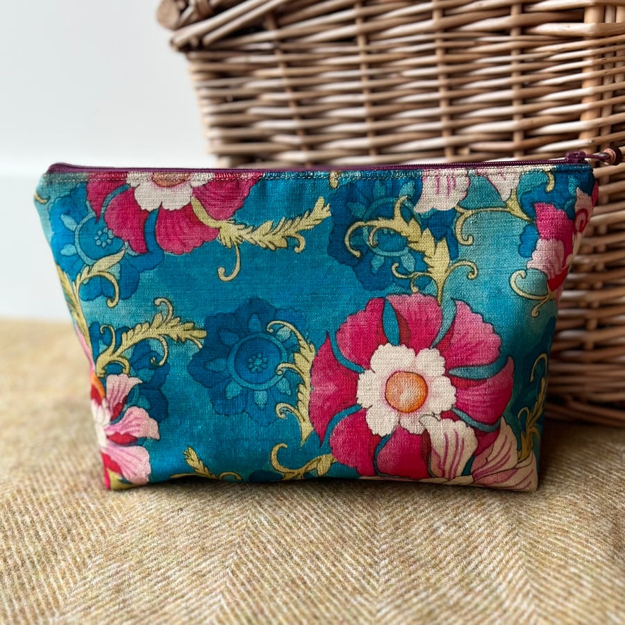 Bright floral velvet large zip pouch kingfisher blue and pink