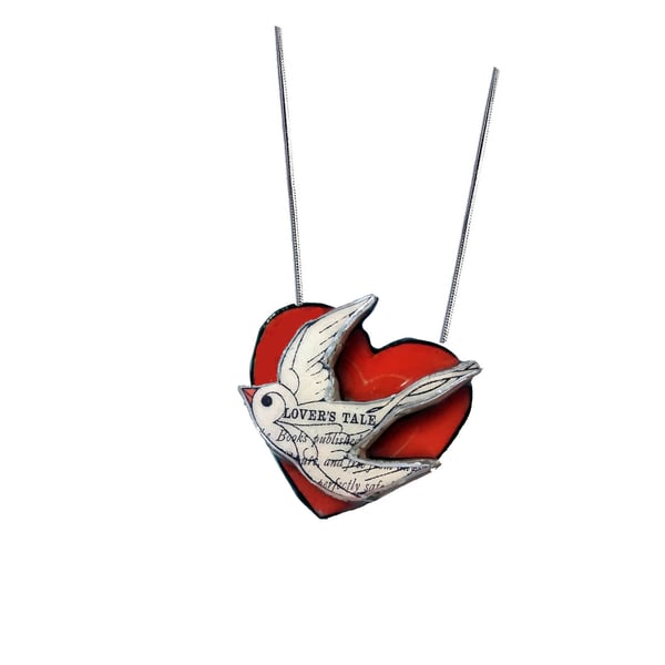Whimsical romantic swallow & heart Resin Necklace by EllyMental