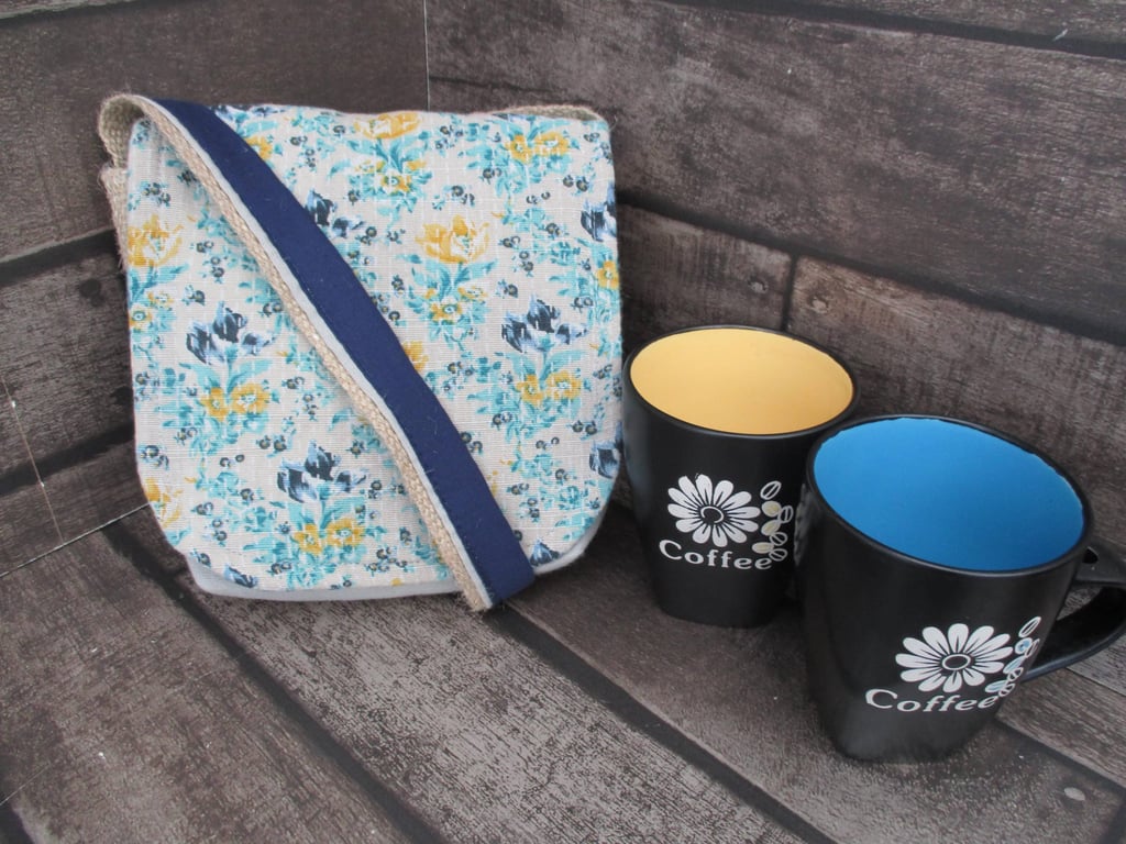 Upcycled Mini Shoulder Bag Turquoise Floral Crossbody Bag