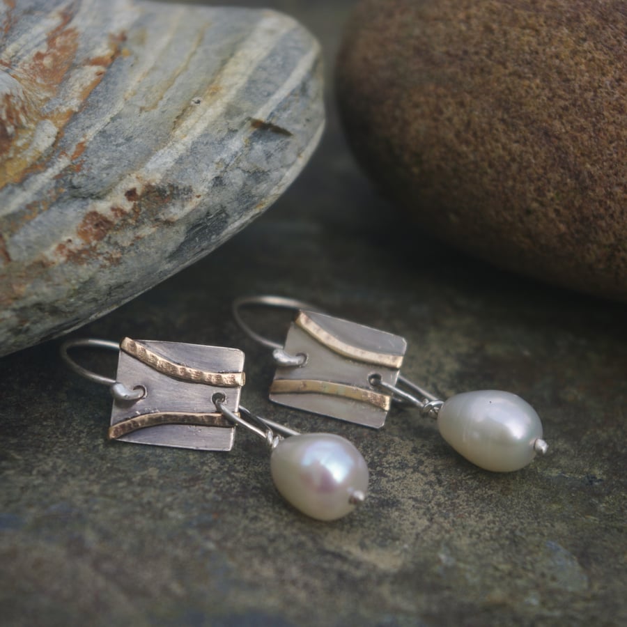  Silver and Gold Coastal  Dangle Earrings with Freshwater Pearl