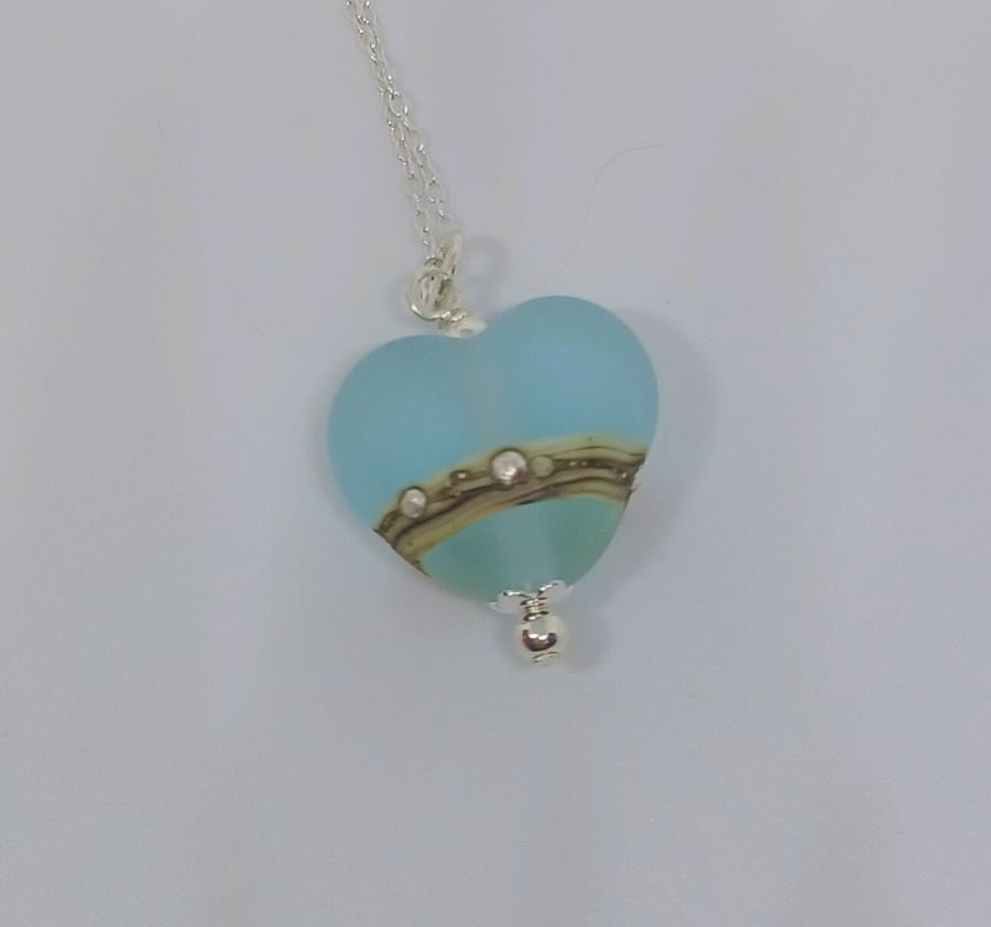 Light Blue Lampwork Glass Heart Focal Bead Necklace on sterling silver chain, Gl