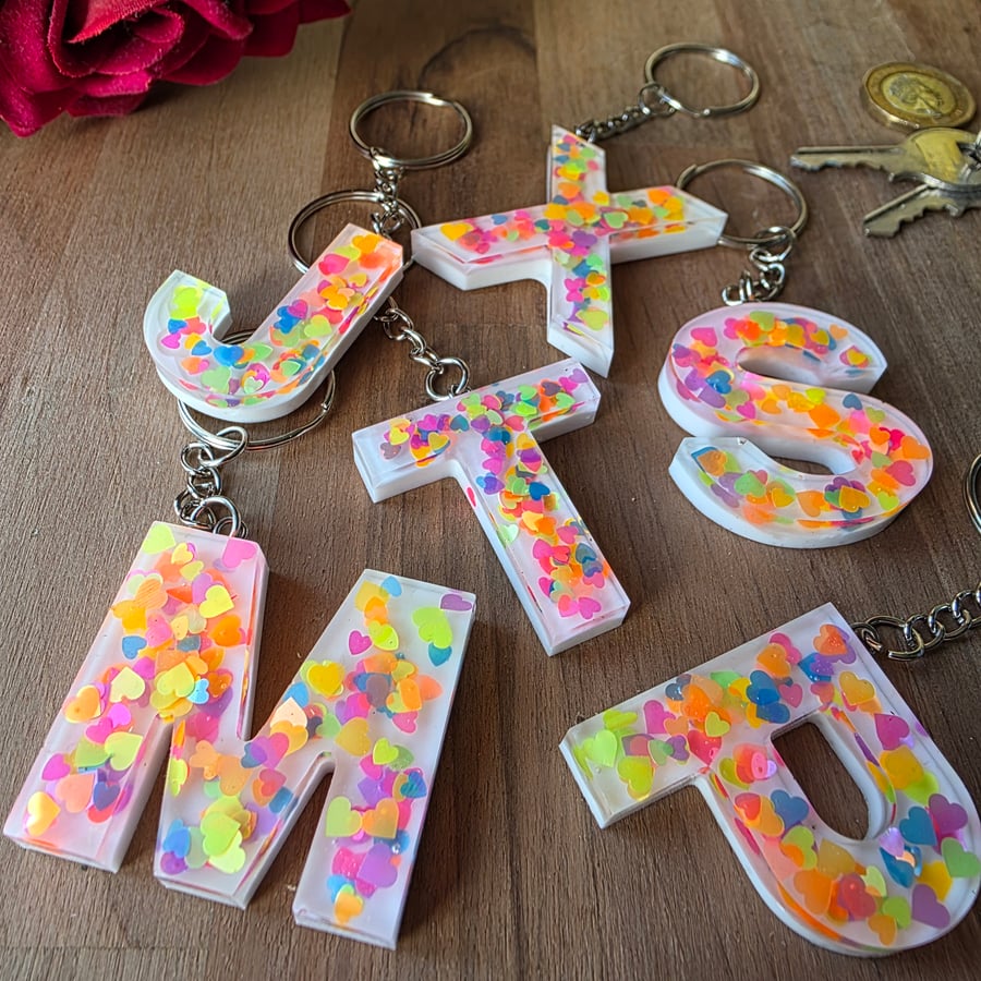 Neon Letter Keyring – Custom Initial Keychain Neon Confetti Heart Keyring 