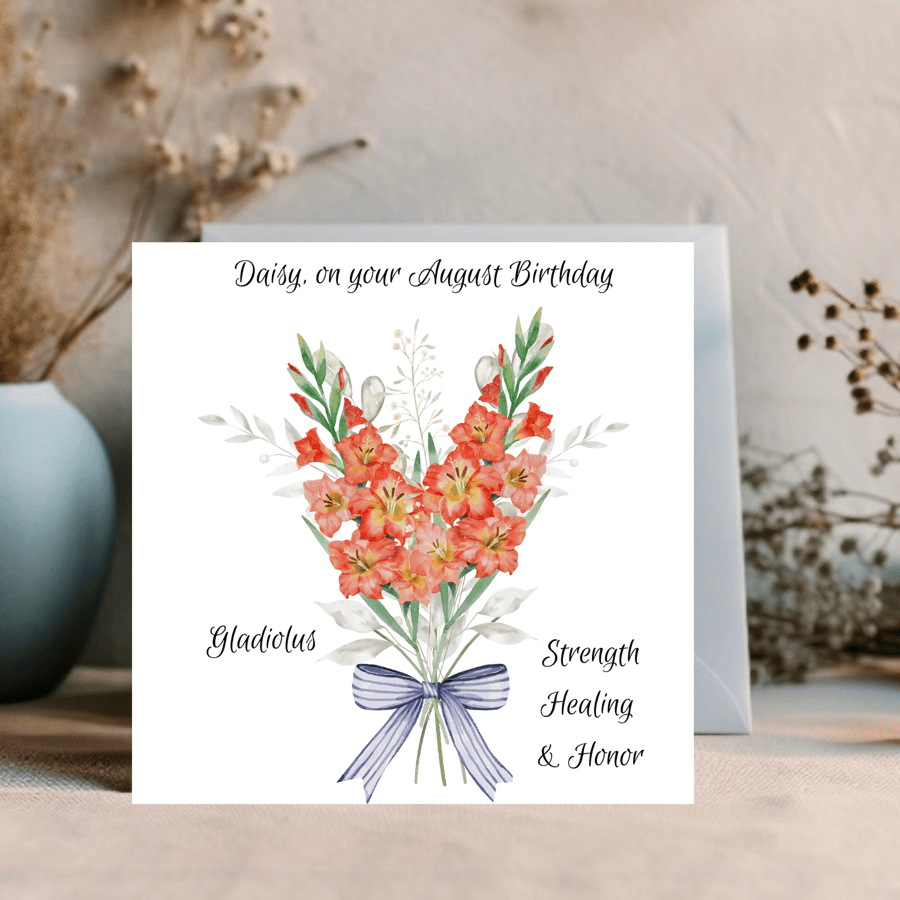 August Birthday Card, personalised, Birth Flower Birthday Card, Gladioli 