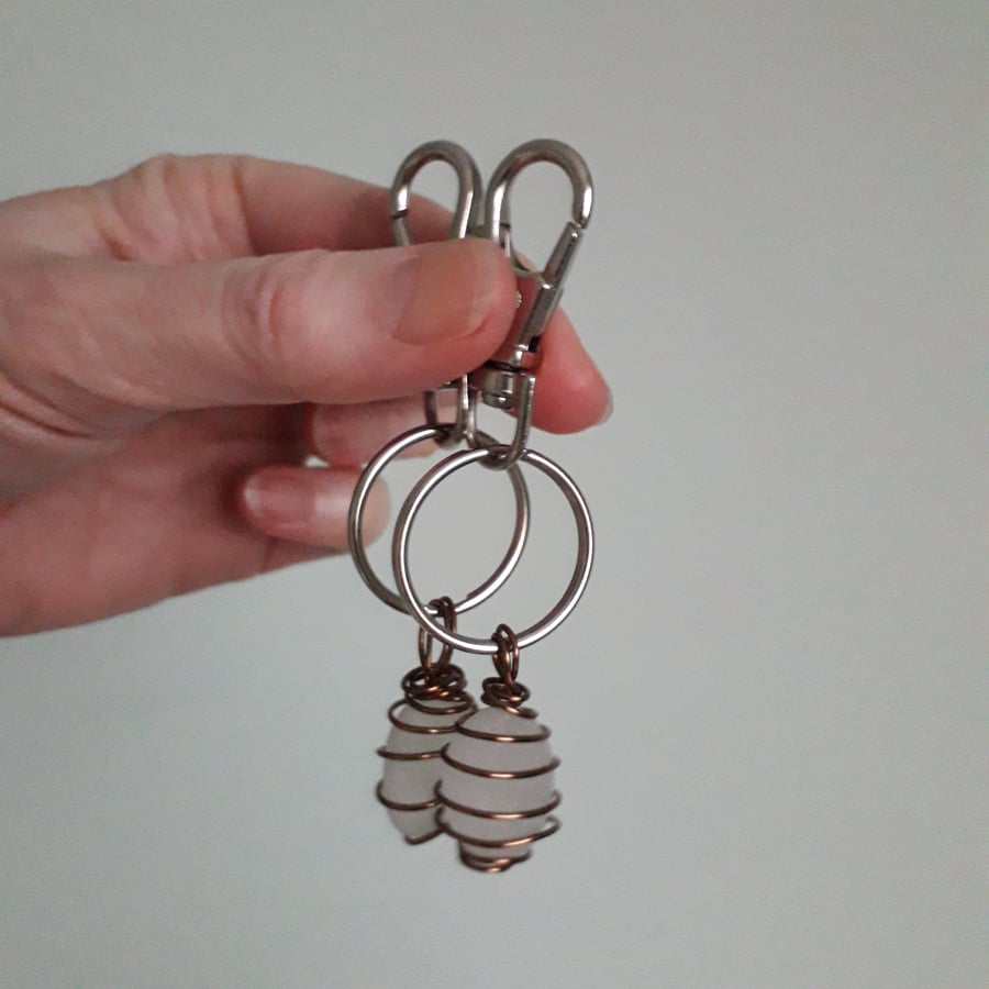 Sea Glass Bag Charm and Keyring, bronze wire wrapped, Recycled glass