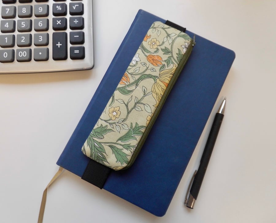Elasticated pencil case for cover of notebook floral orange and green 
