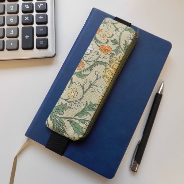 Elasticated pencil case for cover of notebook floral orange and green 