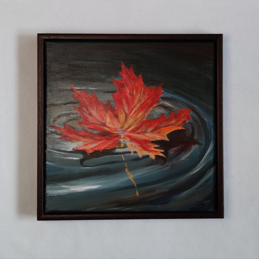 Gently Floating, Autumnal coloured leaf floating on water, origianal landscape