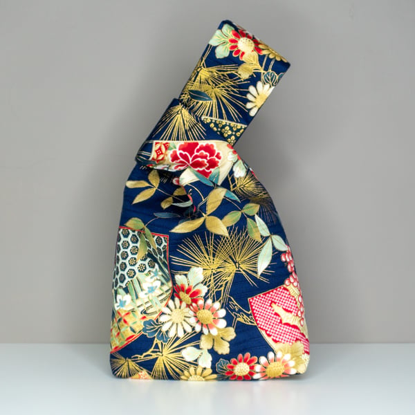 Japanese Knot Bag - Reversible - Floral Fan Japanese Print - Blue Duchess Satin