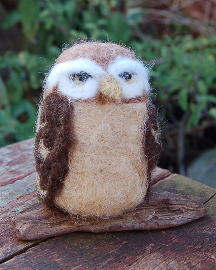 Little Owl on a branch, Wool owl , 8 cms tall,  Needlefelted.  Textile art