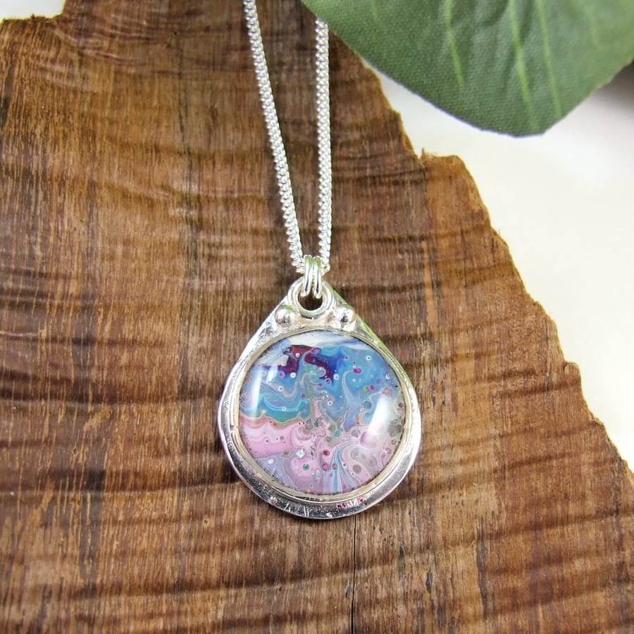 Silver Artisan Pendant. Hand Painted Wearable Art Necklace, Pink & Blue