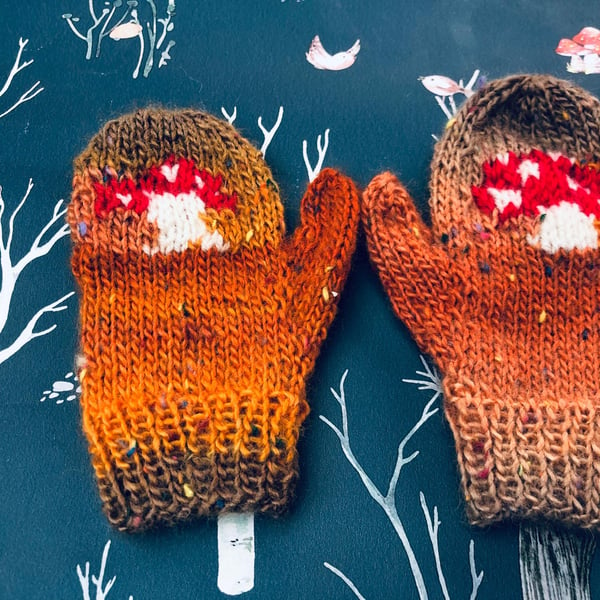 Hand knitted children's mittens age 3-6 with or without strings . Toadstools