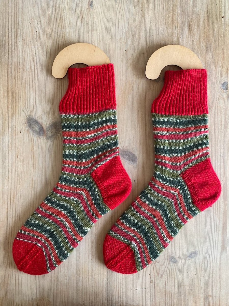 Men's Hand Knitted Christmas Wool Socks - Holly Berry and Red