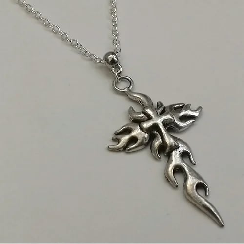 Silver Plate Flaming Cross Gothic Long Necklace