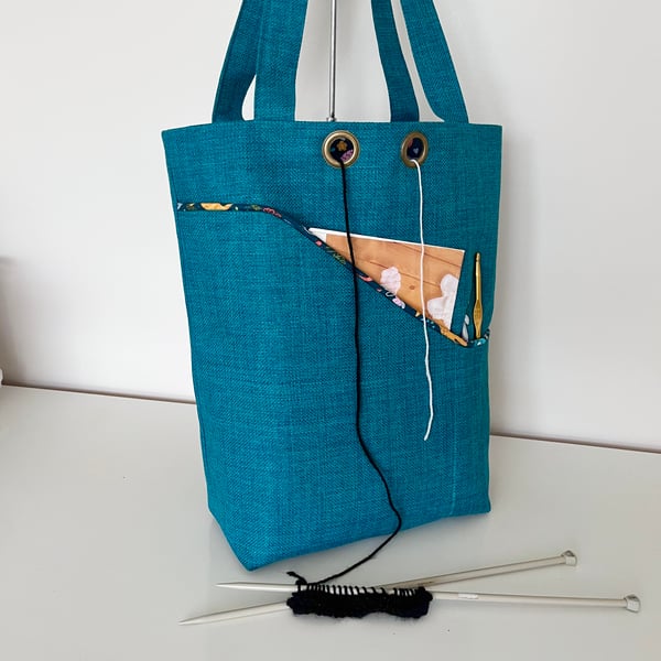 Knitting project bag teal and cats 